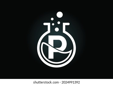 Initial P monogram alphabet with lab glass, chemical liquid, and bubbles. Lab logo design. Logo for science, and technology business and company identity
