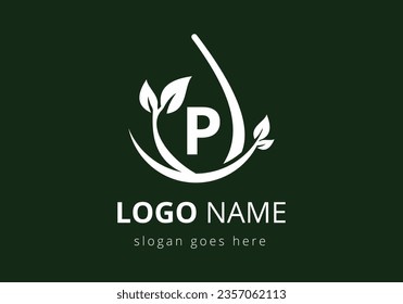 Initial P monogram alphabet with leaf and swoosh. Eco-friendly logo concept.