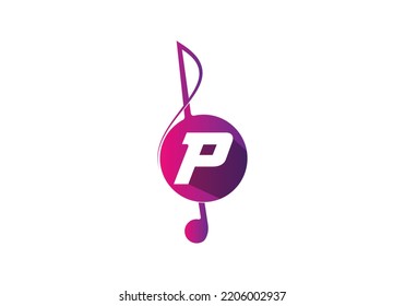 Initial P monogram alphabet with a musical note. Musical sign symbol. logo design template.