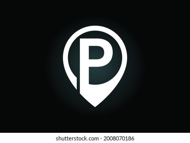 Alfabeto inicial de letra monograma P con signo de pin de icono de ubicación. emblema de letra. Mapa de navegación, GPS, dirección, lugar, brújula, contacto, concepto de búsqueda. Diseño moderno de logotipo vectorial para empresas y empresas