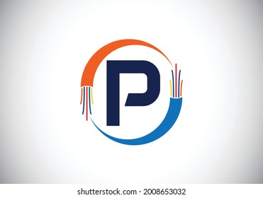 Initial P monogram letter alphabet with electric wire, optical fiber cable. Font emblem. Modern vector logo design for technology labels, electric business, and company identity