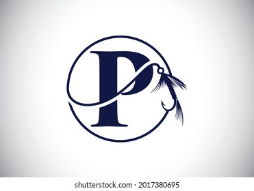 Alfabeto inicial de P monograma con gancho de pesca. Ilustración vectorial del concepto del logotipo de pesca. Diseño de logotipo moderno para tiendas de pesca, negocios e identidad empresarial.