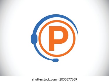 Initial P monogram letter alphabet and support service with headphones. Headphone logo. Hotline customer advice, call center help. Modern vector logo for business and company identity.