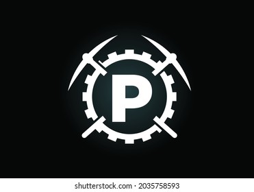 Initial P monogram letter alphabet with pickaxe and gear sign. Mining logo design concept. Modern vector logo for mining business and company identity.