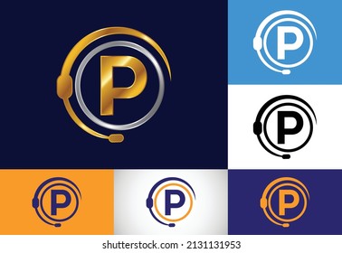 Initial P monogram letter alphabet and support service with headphones. Headphone logo. Hotline customer advice, call center help