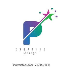 Initial P monogram letter alphabet with swoosh and star logo icon. Abstract star logo sign symbol design. Modern vector logo for business and company