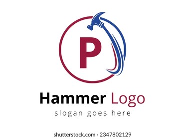 Initial P monogram letter alphabet with a Hammer Logo Concept For Construction, Woodworking Company Repair Symbol Vector Template.  Modern vector logo for construction business, and company identity