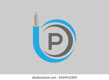 Initial P monogram letter alphabet with electric wire, optical fiber cable.