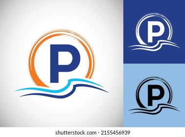 Initial P monogram letter with water ocean waves and the sun. Beach logo design concept