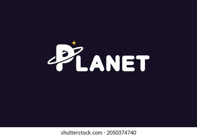 Initial P Planet Logo, typographic planet text logo, with the letter P joining the orbital lines and stars, flat design logo template, vector illustration