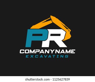 Initial P R excavator logo concept vector with arm excavator template vector.
