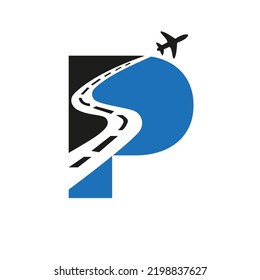 Initial P Travel Logo Design Based Alphabet Airplane Concept Vector Template