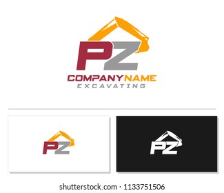 Initial P Z excavator logo concept vector with arm excavator template vector.