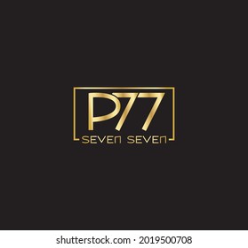 Initial P77 logo with gold square on black background