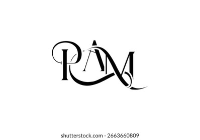 Diseño inicial del logotipo de la carta PAM. Diseño elegante del logotipo del monograma con los Elementos decorativos y la tipografía