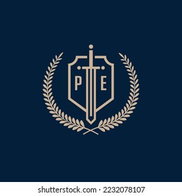 Initial PE elegant sword and shield icon vector template