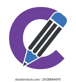 Logotipo inicial del lápiz combinado con la plantilla de vector de la letra C