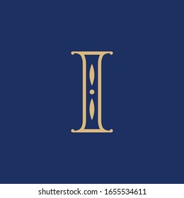 Initial I with pillar for Logo design template. Gold Color isolated in navy blue color