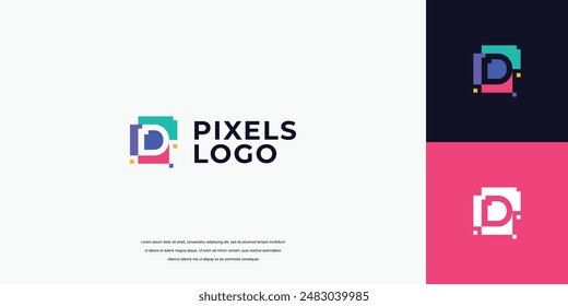 logotipo de píxel inicial, diseño del logotipo de la letra D de la tecnología