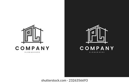 Initial PL home logo with creative house element in line art style vector design template