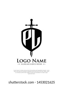 initial PL letter with shield style logo template vector