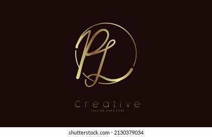 Initial PL Logo, handwritten letter PL in circle with gold colour, usable for Brand,, personal and company logos, vector illustration