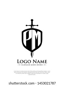 initial PM letter with shield style logo template vector