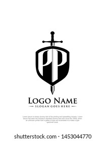 initial PP letter with shield style logo template vector