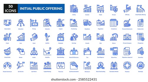 Initial public offering blue icon collection set. Includes stock, investment, shares, capital, finance, equity, market, trading, growth, listing, valuation, investor, exchange, fundraising, business