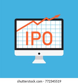 Initial public offering concept. Stock vector illustration of IPO launch with arrown going up on computer screen. Flat style