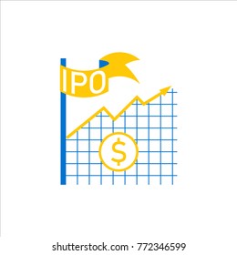 Initial public offering concept. Stock vector illustration of IPO launch with arrown going up. Flat style elements isolated on white background.