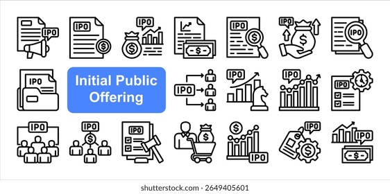 Initial Public Offering  editable stroke icon set, with Prospectus, Valuation, Disclosure, Filing, Investor, Stock exchange, Equity.