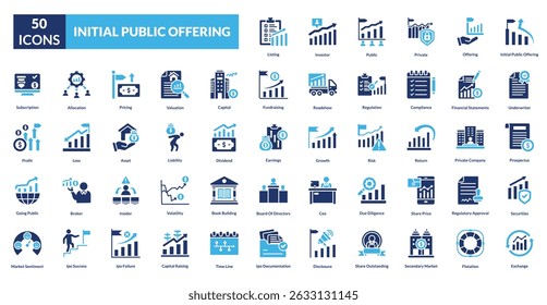 Initial public offering fill icon collection set. Includes stock, investment, shares, capital, finance, equity, market, trading, growth, listing, valuation, investor, exchange, fundraising, business