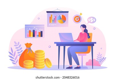 Oferta Pública Inicial. Las niñas hacen dinero, inversiones, negocios. Trabajo desde casa, tecnología moderna. Venta de acciones, OPI, solución financiera. Ilustración vectorial de dibujos animados aislada en fondo blanco