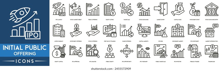 Icono de Oferta Pública Inicial. Lanzamiento de OPV, Debut en el mercado de valores, Oferta pública, Cotización en bolsa, Venta de Compartir, Bolsa de valores, Entrada en el mercado, Recaudación de capital, Icono de evento de inversión