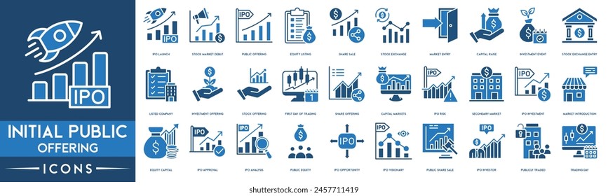 Symbol für Börsengang. Börseneinführung, Börsendebüt, Börsengang, Aktiennotierung, Teilen-Sale, Börse, Markteintritt, Kapitalerhöhung, Icon für Investitionsereignisse