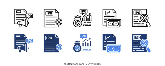 Initial Public Offering icon set. with IPO, Prospectus, Market cap, Primary market, Valuation.