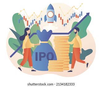 Oferta pública inicial. concepto de la oferta pública inicial. Inversión. Pequeñas personas inversionistas invierten acciones en el mercado de valores. Crecimiento de la empresa. Ingresos pasivos. Estilo moderno de dibujos animados planos. Ilustración del vector sobre fondo blanco