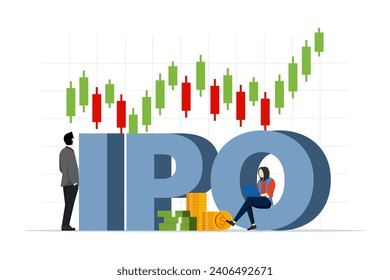 Initial Public Offering IPO Concept. Characters of Businessman, Entrepreneur, Trader Man and Woman on Big Growth Chart and Gold Coins. Stock Market Shares. Flat Vector Illustration on background.