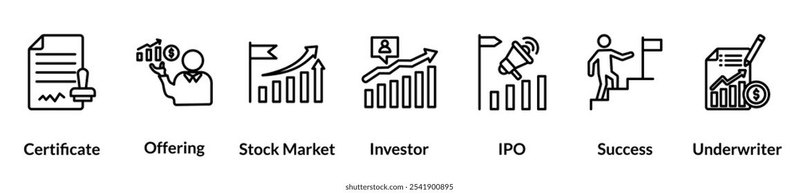 Icon der ersten öffentlichen Angebotszeile. Zertifikat, Angebot, Börse, Investor, ipo, Erfolg, Underwriter