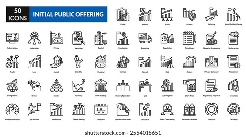 Initial public offering line icon collection set. Includes stock, investment, shares, capital, finance, equity, market, trading, growth, listing, valuation, investor, exchange, fundraising, business