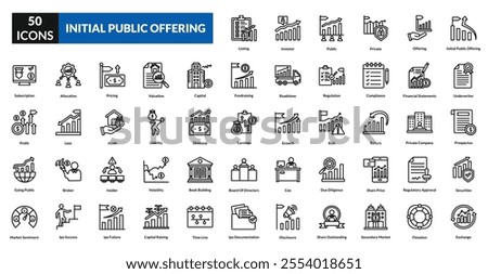 Initial public offering line icon collection set. Includes stock, investment, shares, capital, finance, equity, market, trading, growth, listing, valuation, investor, exchange, fundraising, business