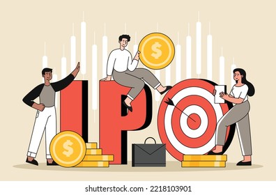 Initial Public Offering. Passive income and financial literacy. Investors and entrepreneurs looking for profitable deals, stocks and exchanges, IPO and trading. Cartoon flat vector illustration