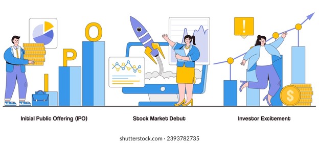 Ursprüngliches öffentliches Angebot, Börsendebut, Anlegeraufregendes Konzept mit Charakter. IPO Launch abstrakter Vektorgrafik-Set. Antizipation der Anleger, Metapher für den Börseneintritt.