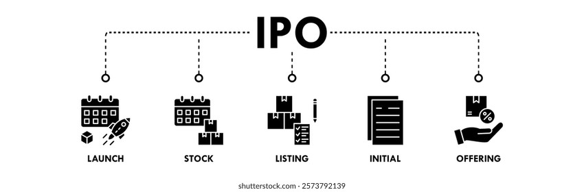 Initial Public Offering web icon vector illustration concept with icon of launch, stock, listing, initial, and offering