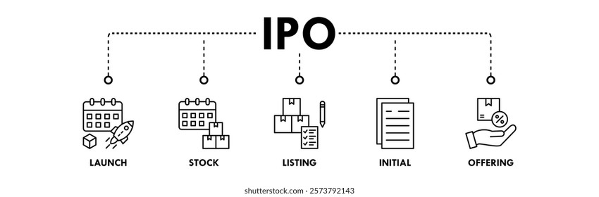 Initial Public Offering web icon vector illustration concept with icon of launch, stock, listing, initial, and offering