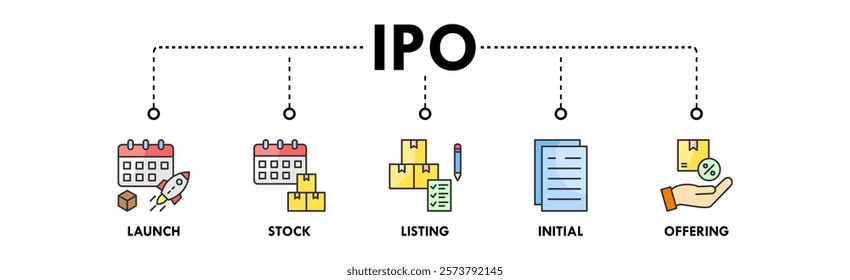 Initial Public Offering web icon vector illustration concept with icon of launch, stock, listing, initial, and offering