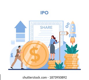 Especialista inicial en ofertas públicas. Consultor de OPV. Estrategia de inversión. Idea de aumento de dinero y crecimiento financiero. Ilustración vectorial en estilo plano