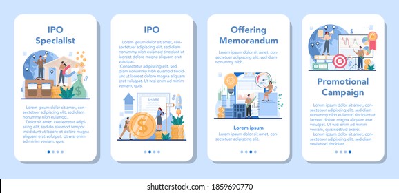 Initial Public Offerings spezialisierter Banner für mobile Applikationen. IPO-Berater Investitionsstrategie. Idee der Gelderhöhung und des Finanzwachstums. Vektorgrafik in Flachstil