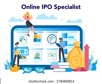 Initial Public Offerings specialist online service or platform. IPO specialist website. Investing strategy. Vector illustration in flat style